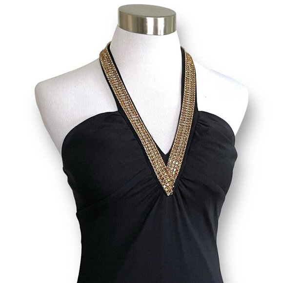 Y2K Vintage Prom Gown Sz P Petite Black Halter Rhinestone Halter Maxi Dress - Picture 8 of 12